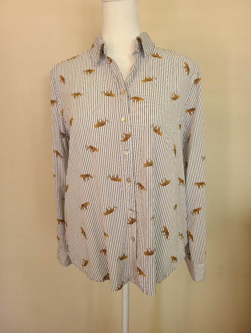 Jane and Delancey White Pinstripe Button-Down Shirt with Gold Leopard Motif